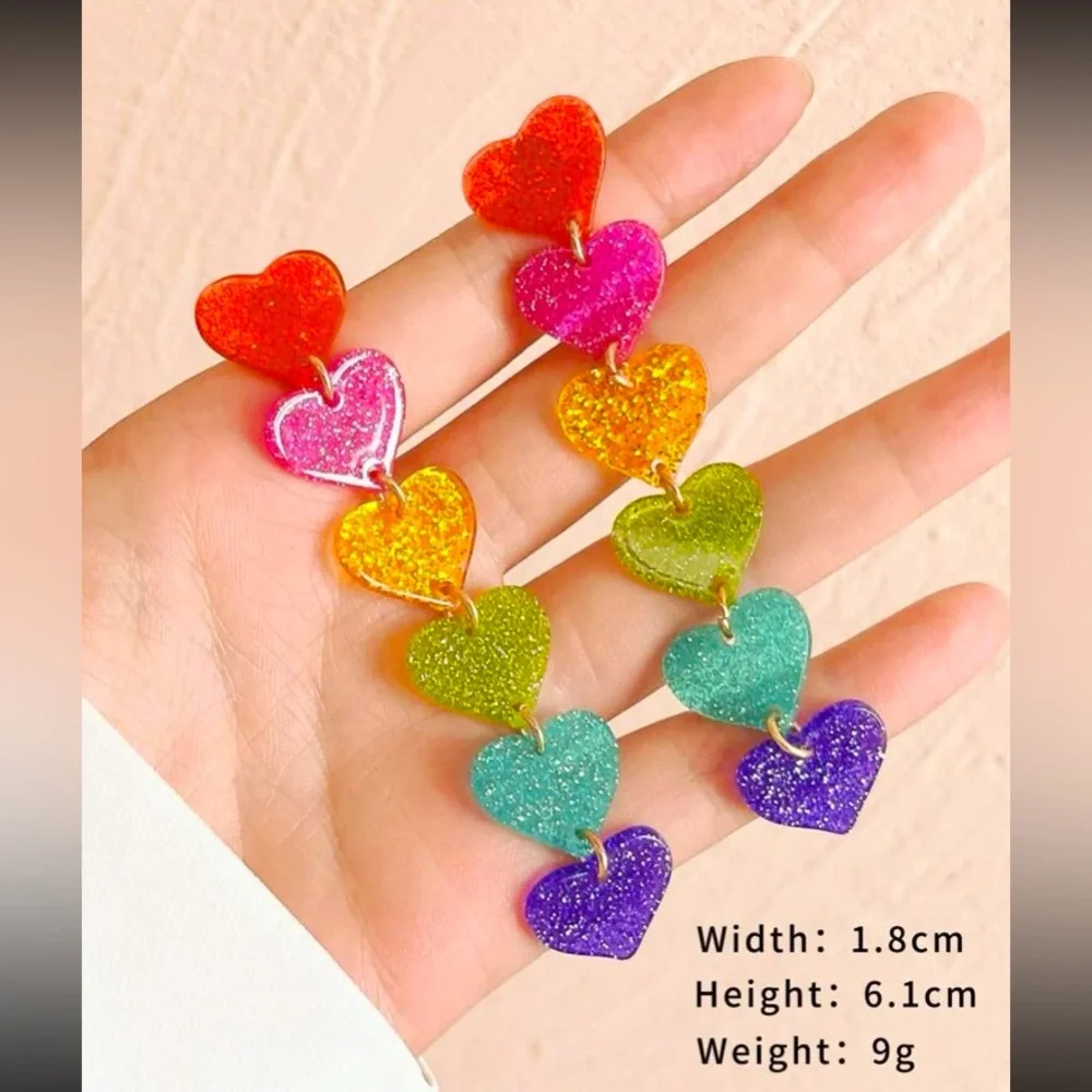 Vibrant❤️🌈Valentine Fun Rainbow Heart Linear Lightweight Statement Earrings - Picture 5 of 7